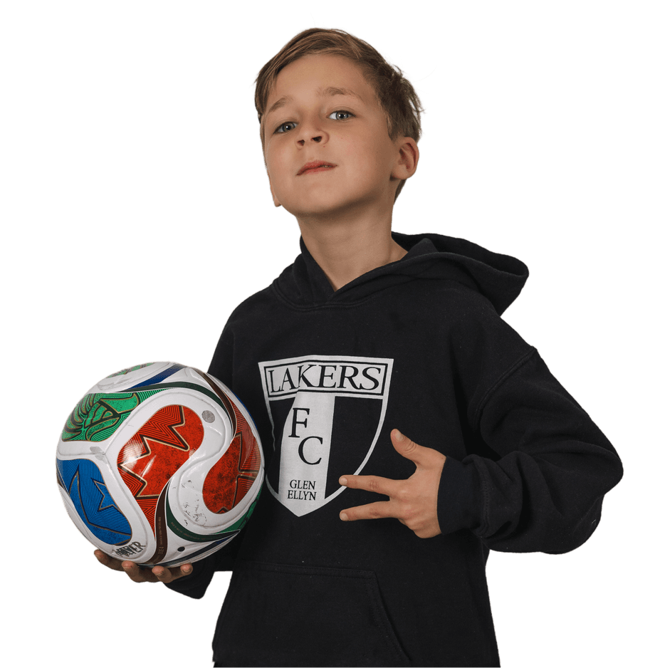 Silas Mayer in Lakers FC hoodie, holding soccer ball with confident pose